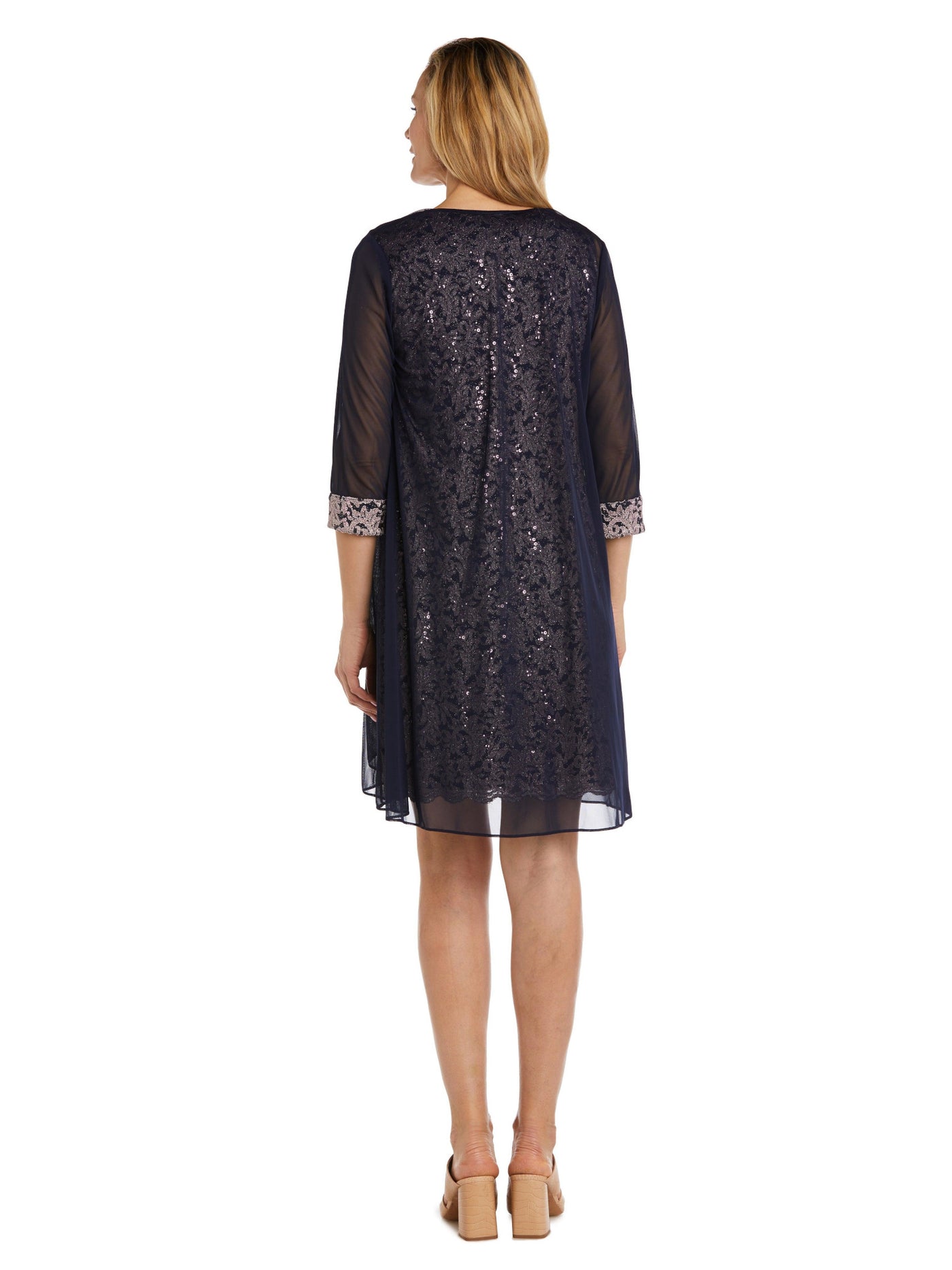 R&M RICHARDS Womens Navy Embellished Lace Open Front 3/4 Sleeve Jacket Sleeveless Scoop Neck Above The Knee Evening Sheath Dress 12