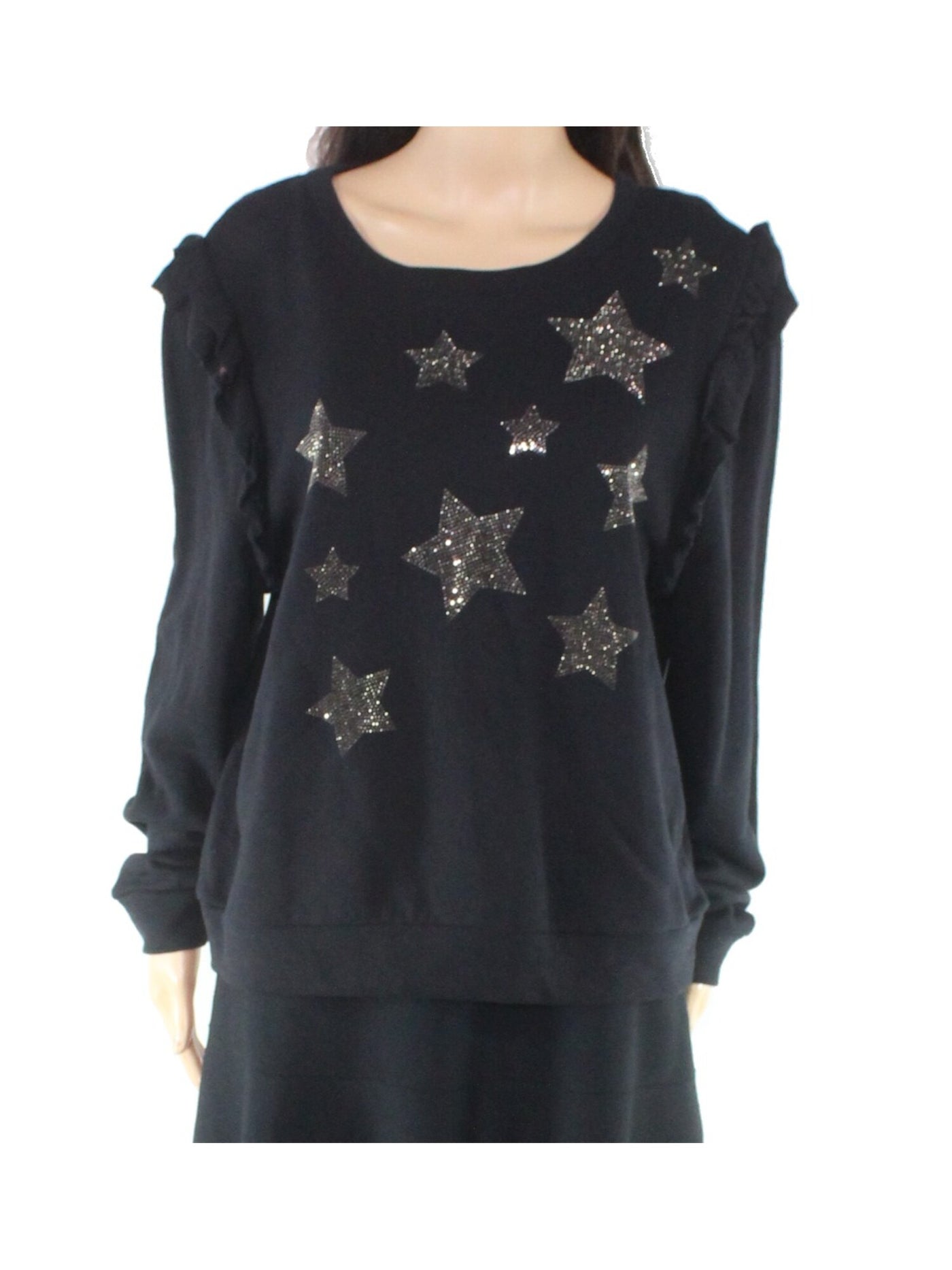 INC Womens Black Ruffled Embellished Stars Printed Long Sleeve Top XXL