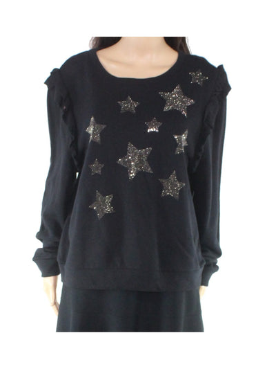 INC Womens Black Ruffled Embellished Stars Printed Long Sleeve Top M