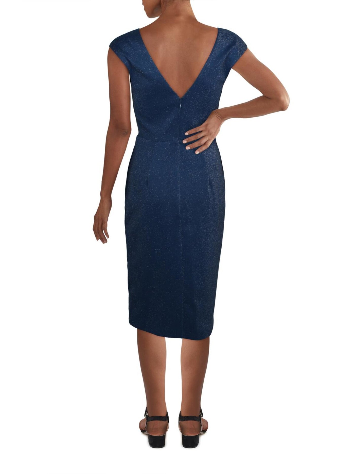 AIDAN AIDAN MATTOX Womens Blue Stretch Cut Out Zippered Front Side Slit Sleeveless V Neck Midi Cocktail Sheath Dress 2