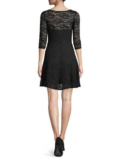 MATERIAL GIRL Womens Black Lace 3/4 Sleeve Jewel Neck Mini Party Fit + Flare Dress XXS