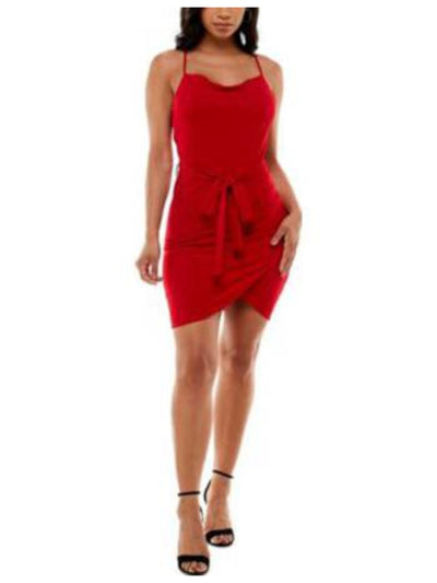 EMERALD SUNDAE Womens Red Stretch Tie Pleated Draped Front Tulip Hem Spaghetti Strap Scoop Neck Mini Party Body Con Dress M