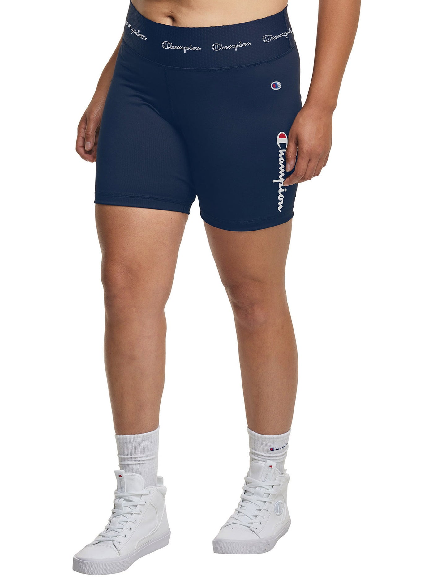 CHAMPION Womens Navy Jersey Moisture Wicking Chafe-resistant Waistband Logo Graphic Active Wear Bike Shorts Shorts Plus 2X