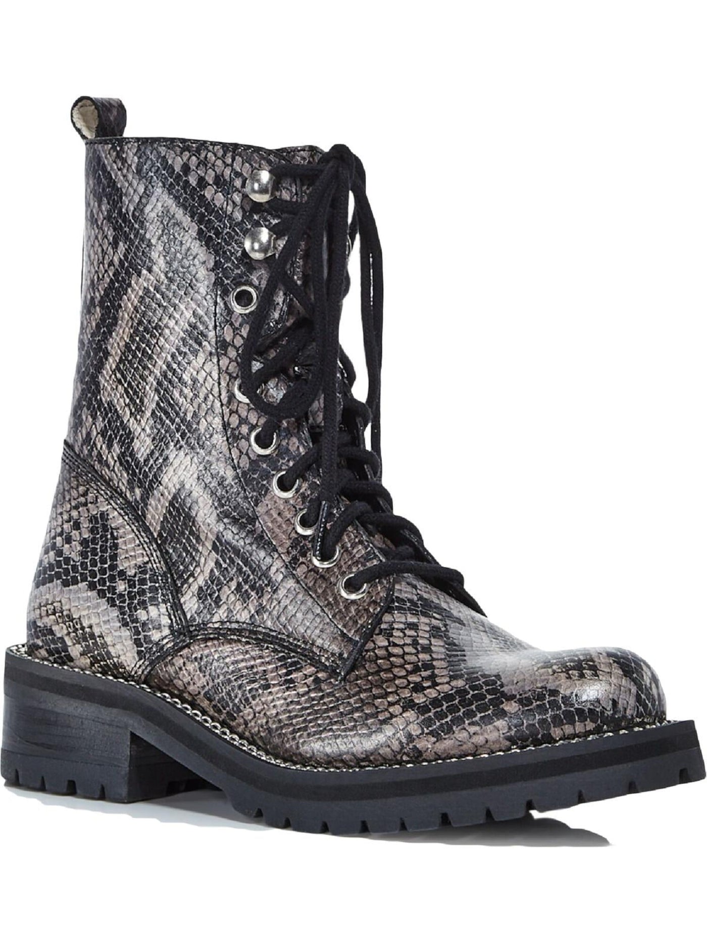 AQUA Womens Gray Snake Lace-Up 1" Platform Pull Tab Lug Sole Jax Round Toe Block Heel Zip-Up Leather Combat Boots 5 M