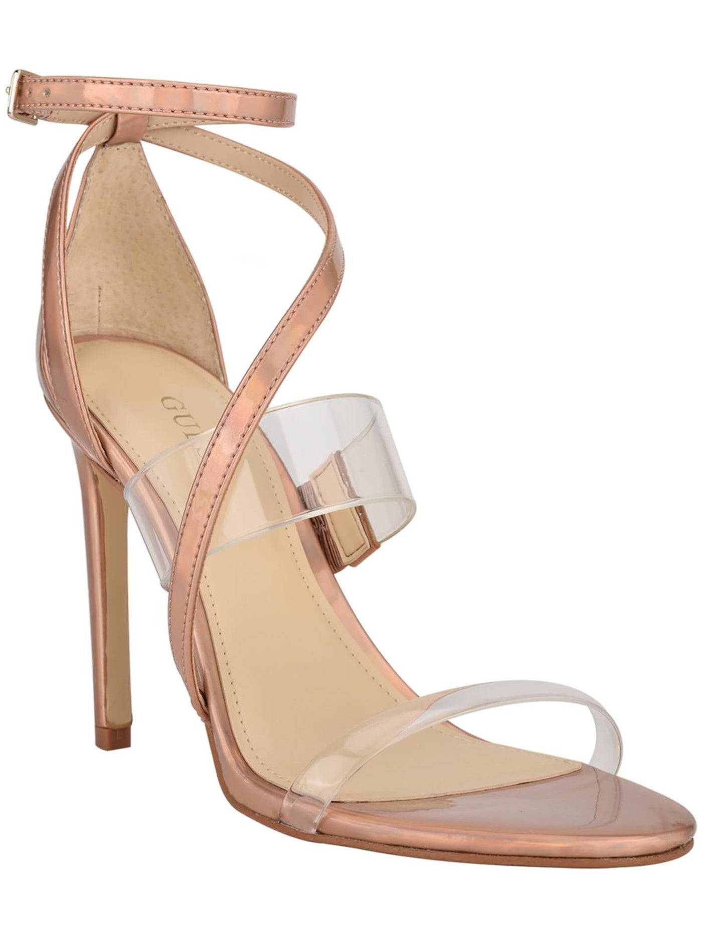 GUESS Womens Gold Padded Transparent Strappy Iridescent Adjustable Strap Ankle Strap Felecia Almond Toe Stiletto Buckle Heeled Sandal 8 M