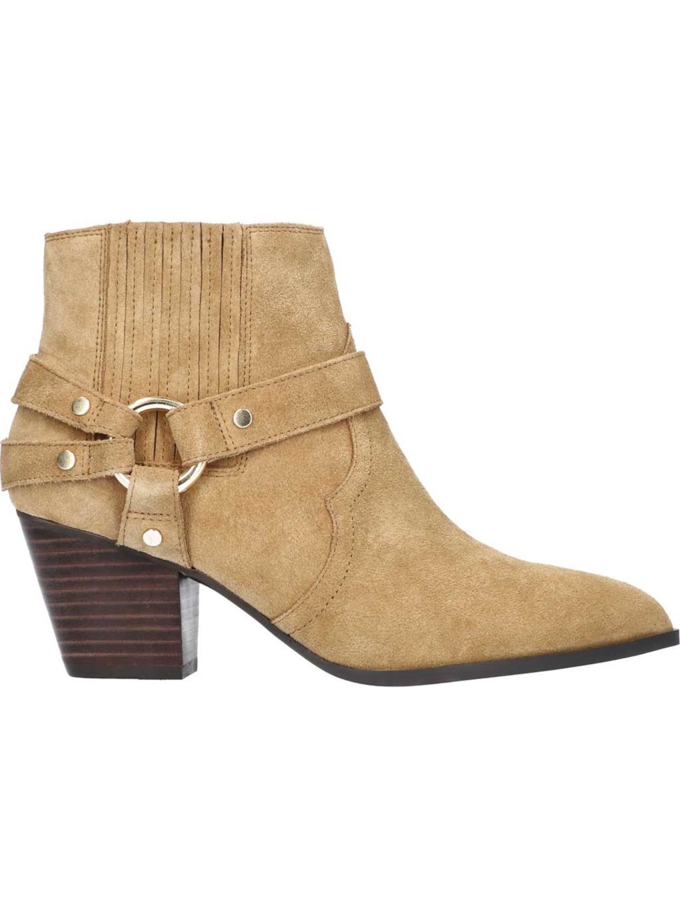 BELLA VITA Womens Desert Beige Western Influenced Harness Detail Padded Goring Bronx Pointed Toe Stacked Heel Zip-Up Leather Booties 9.5 WW