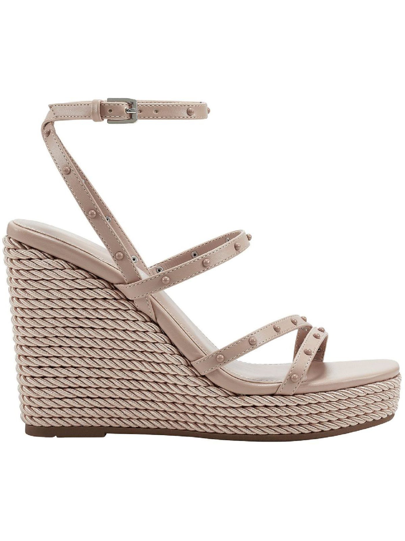 MARC FISHER Womens Beige Strappy Studded Zig Square Toe Wedge Buckle Heeled Sandal 10 M