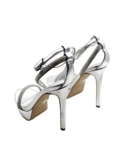 GUESS Womens Silver 1-1/2" Platform Rhinestone Asymmetrical Casidee Round Toe Stiletto Buckle Dress Heeled Sandal 6 M