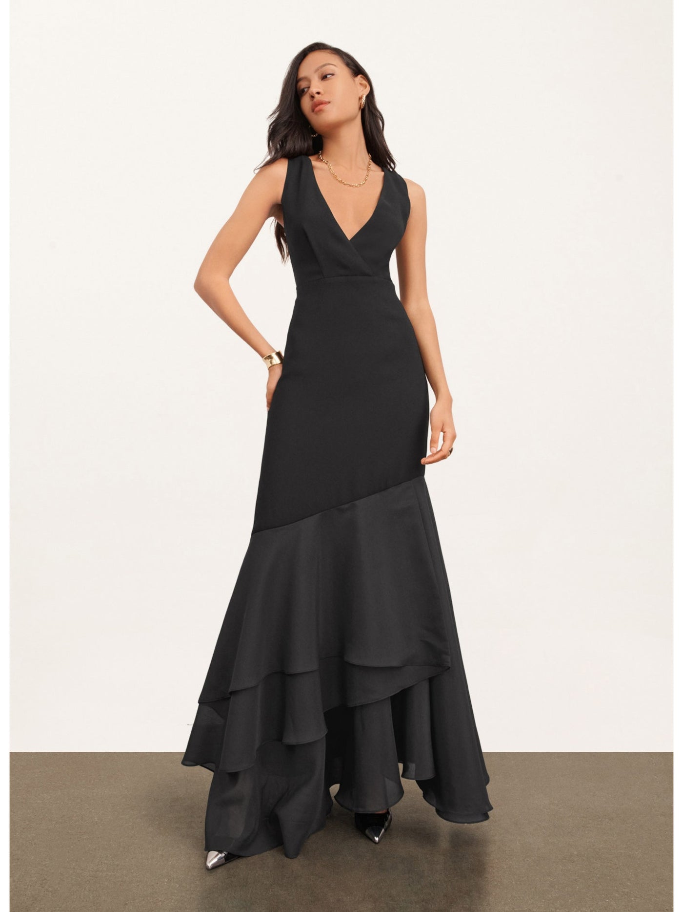 DONNA KARAN NEW YORK Womens Black Zippered Asymmetric Layered Flounce Hem Sleeveless Surplice Neckline Full-Length Evening Gown Dress 16