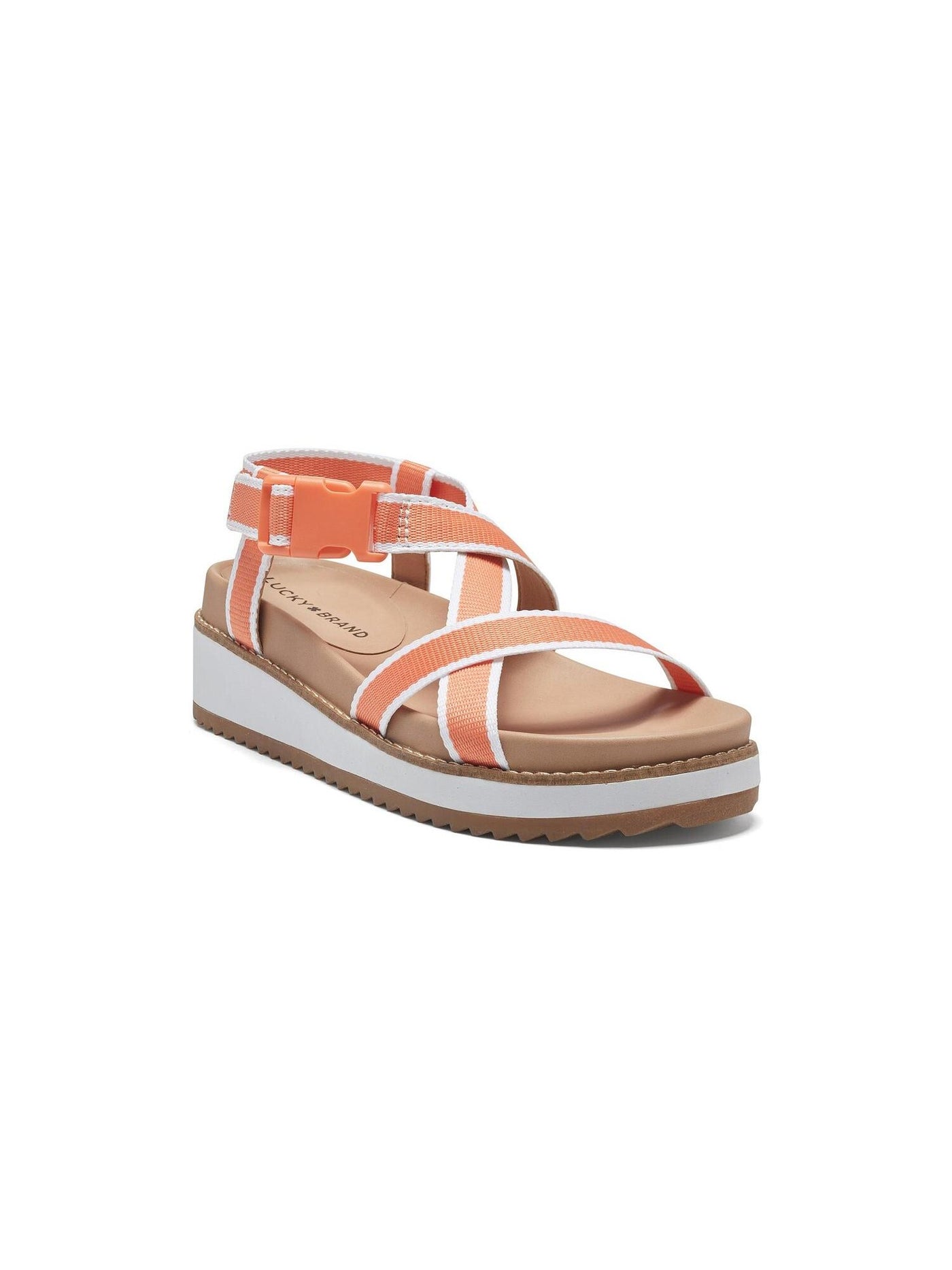 LUCKY BRAND Womens Melon Orange Contrast Trim 3/4" Platform Crisscross Ankle Strap Contoured Adjustable Strap Cushioned Imbae Round Toe Wedge Buckle Slingback Sandal 10 M