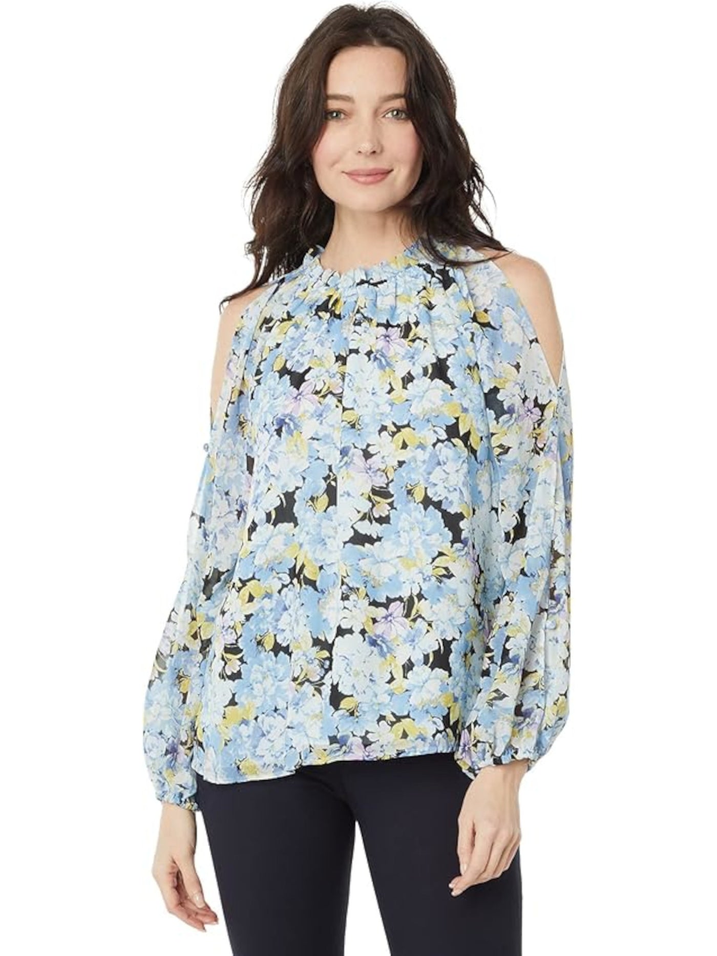 VINCE CAMUTO Womens Light Blue Ruffled Cold Shoulder Slit Long Sleeves Floral Mock Neck Top XS