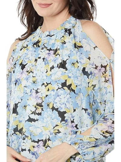 VINCE CAMUTO Womens Light Blue Ruffled Cold Shoulder Slit Long Sleeves Floral Mock Neck Top XS