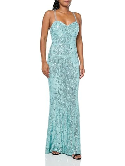 SPEECHLESS Womens Teal Zippered Sequined Strappy Padded Spaghetti Strap Sweetheart Neckline Full-Length Formal Gown Dress Juniors 1