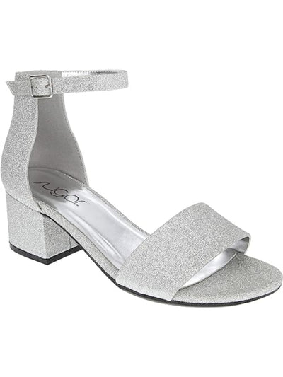 SUGAR Womens Silver Scalloped Insole Ankle Strap Glitter Noelle Round Toe Block Heel Buckle Dress Sandals Shoes 7 M