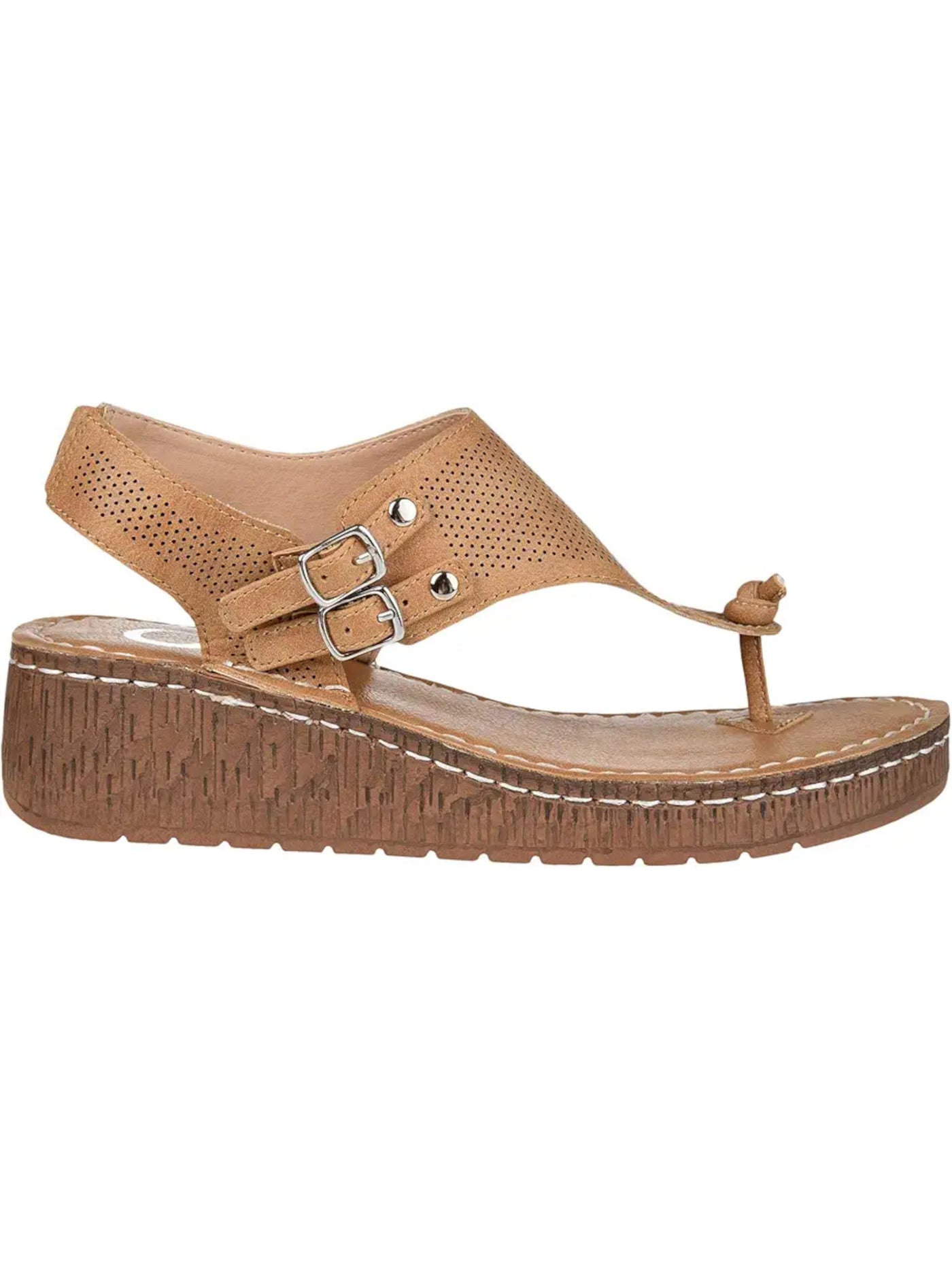 JOURNEE COLLECTION Womens Brown 1/2" Platform Perforated Knot Detail Studded Cushioned Stretch Mckell Round Toe Wedge Buckle Dress Thong Sandals Shoes 8