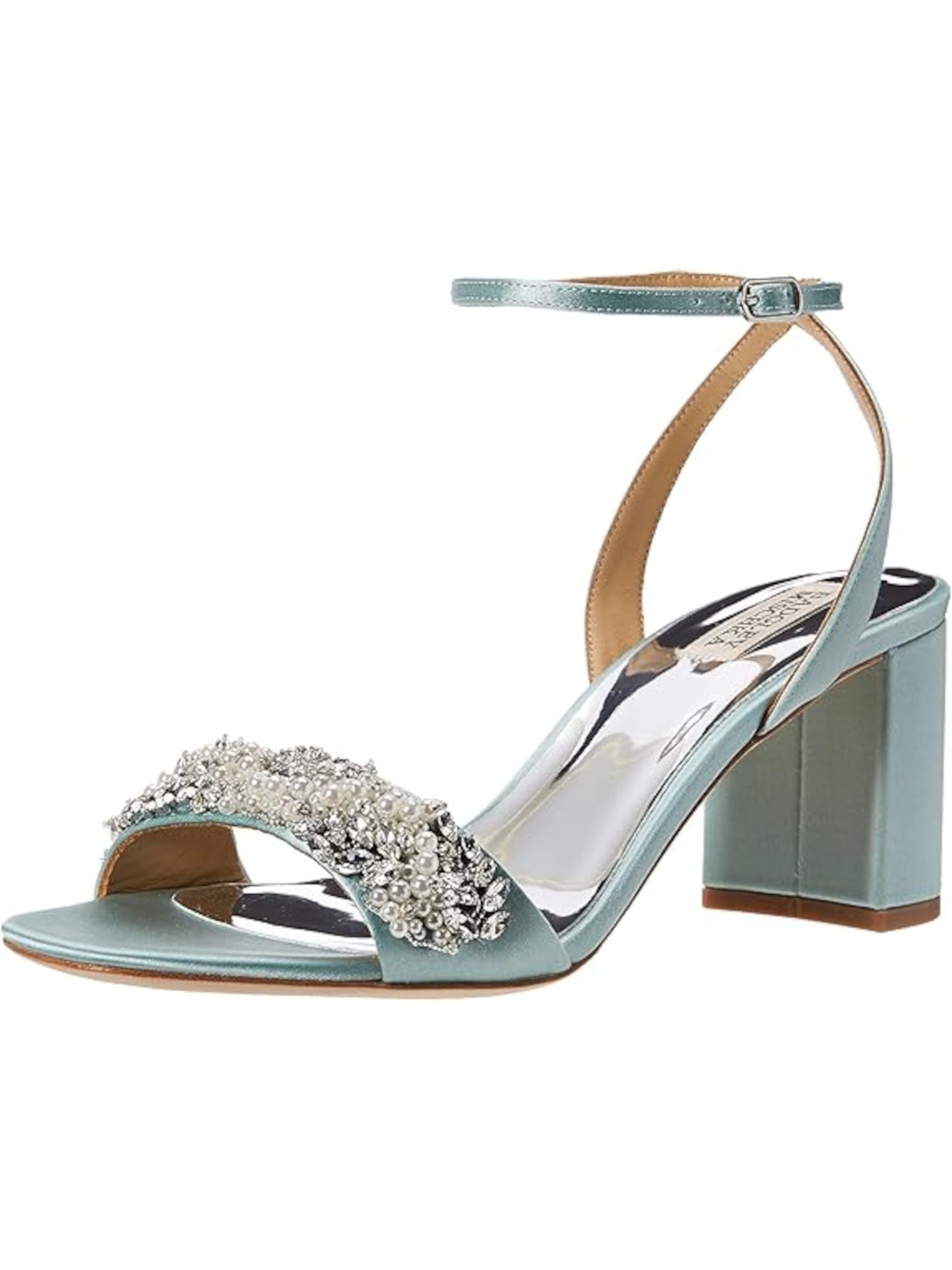 BADGLEY MISCHKA Womens Teal Padded Faux Pearls Ankle Strap Embellished Clara Round Toe Block Heel Buckle Dress Heeled Sandal 5 M