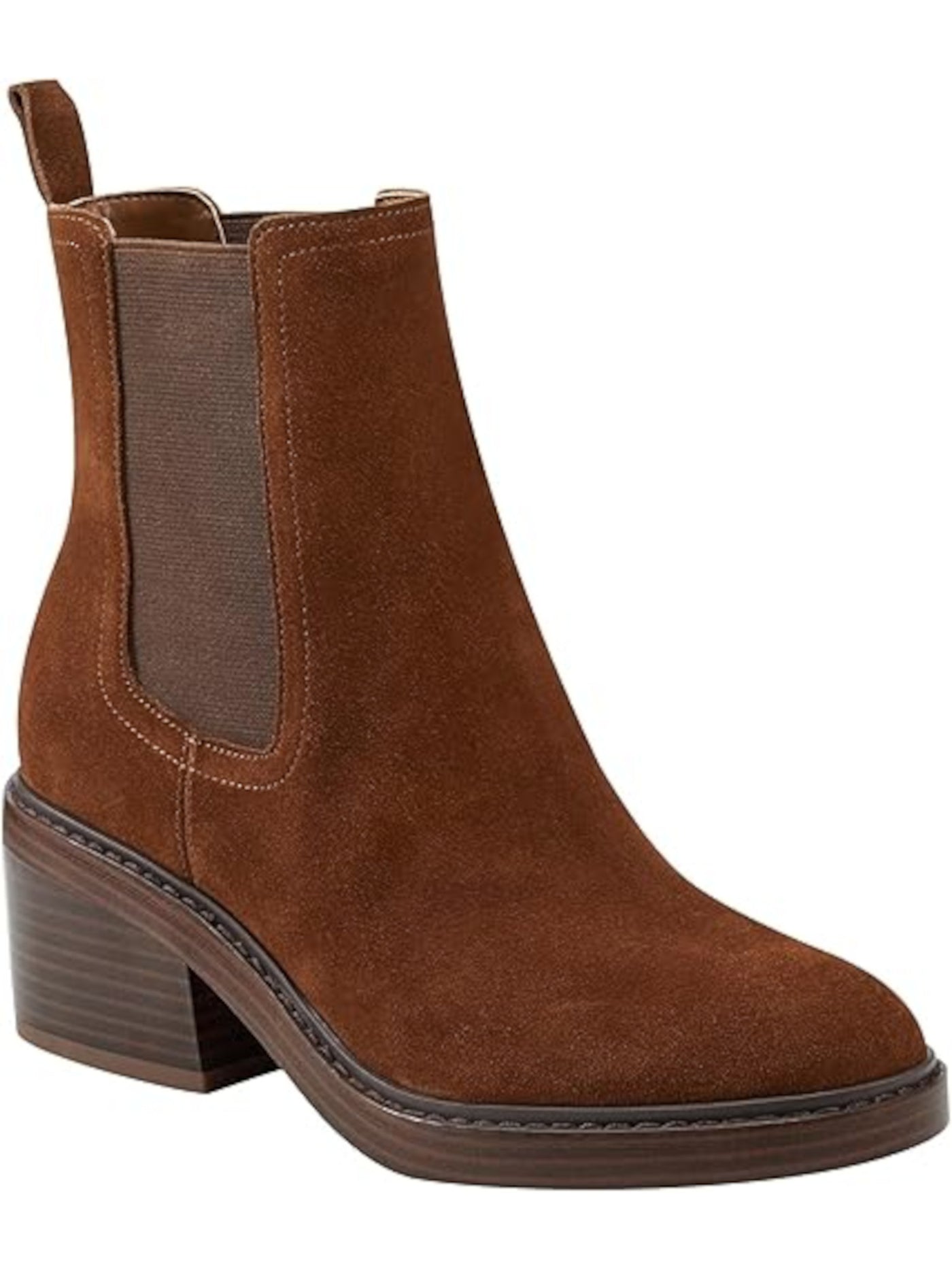 MARC FISHER Womens Brown Heel Pull-Tab Goring Padded Modesty Round Toe Stacked Heel Chelsea Boot 6.5 M