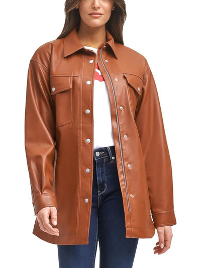 LEVI STRAUSS & CO Womens Brown Faux Leather Pocketed Belted Shirt Button Down Jacket S