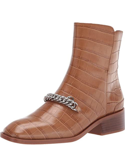 FRANCO SARTO Womens Brown Crocodile Chain Asymmetrical Padded Caleb Square Toe Block Heel Zip-Up Leather Booties 8 M