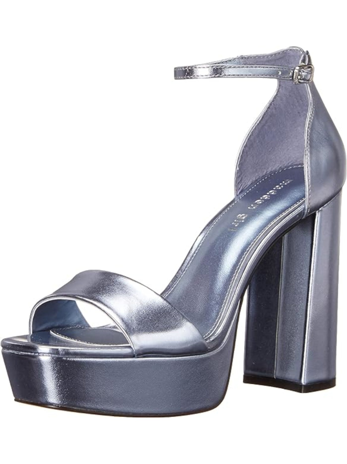 MADDEN GIRL Womens Silver 1-1/2" Platform Adjustable Ankle Strap Omega Square Toe Block Heel Buckle Dress Heeled Sandal 9.5 M