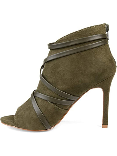 JOURNEE COLLECTION Womens Green V-Cut Vamp Strappy Padded Samara Peep Toe Stiletto Zip-Up Dress Booties 10