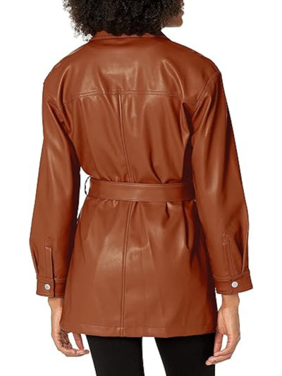 LEVI STRAUSS & CO Womens Brown Faux Leather Pocketed Belted Shirt Button Down Jacket S