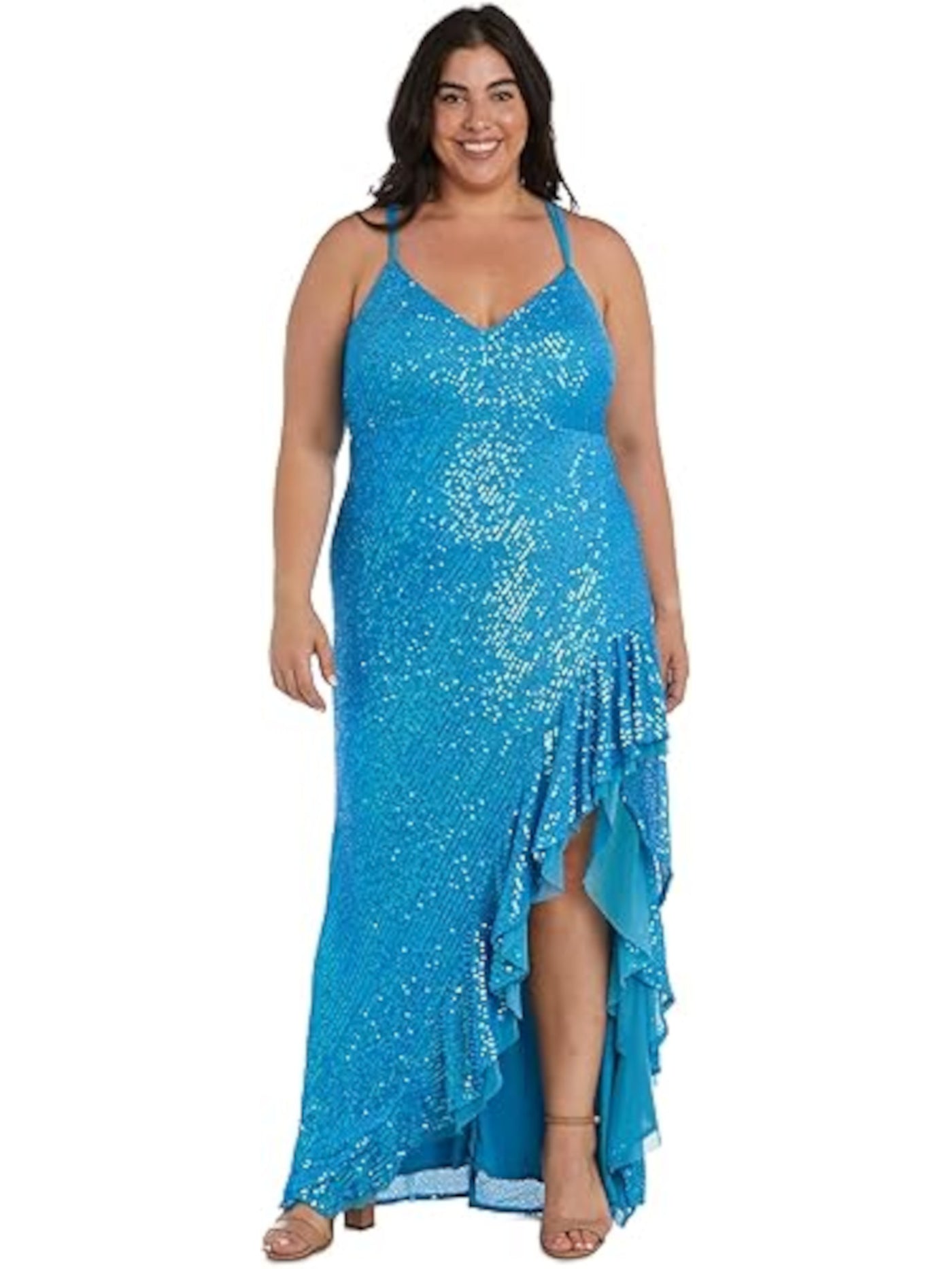MORGAN & CO Womens Turquoise Zippered Ruffled High-slit Crisscross Open Back Spaghetti Strap V Neck Full-Length Formal Gown Dress Juniors 20W