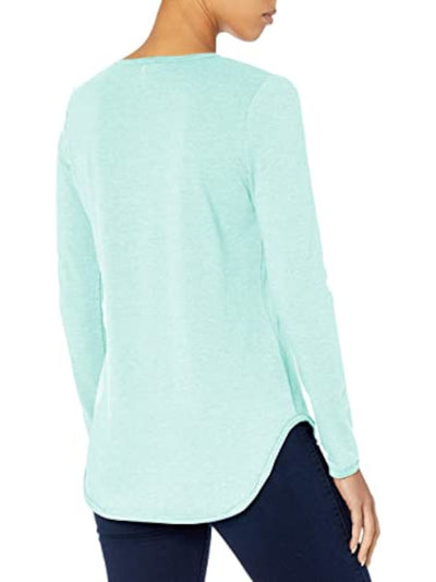 B NEW YORK Womens Aqua Stretch Distressed Long Sleeve Scoop Neck T-Shirt S