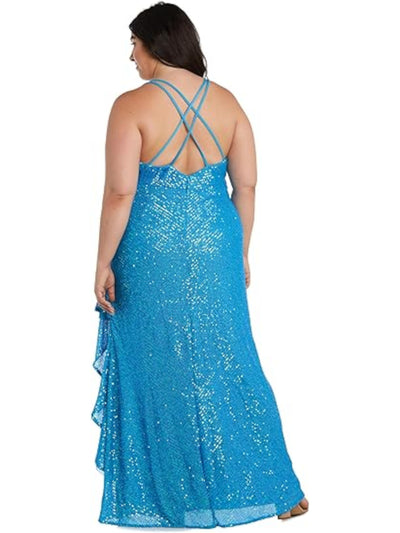 MORGAN & CO Womens Turquoise Zippered Ruffled High-slit Crisscross Open Back Spaghetti Strap V Neck Full-Length Formal Gown Dress Juniors 20W