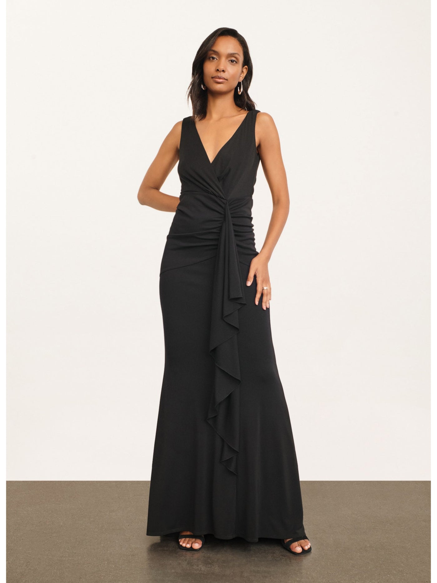 DONNA KARAN Womens Black Zippered Ruched Cascading Ruffle Lined Sleeveless Surplice Neckline Full-Length Evening Gown Dress 14