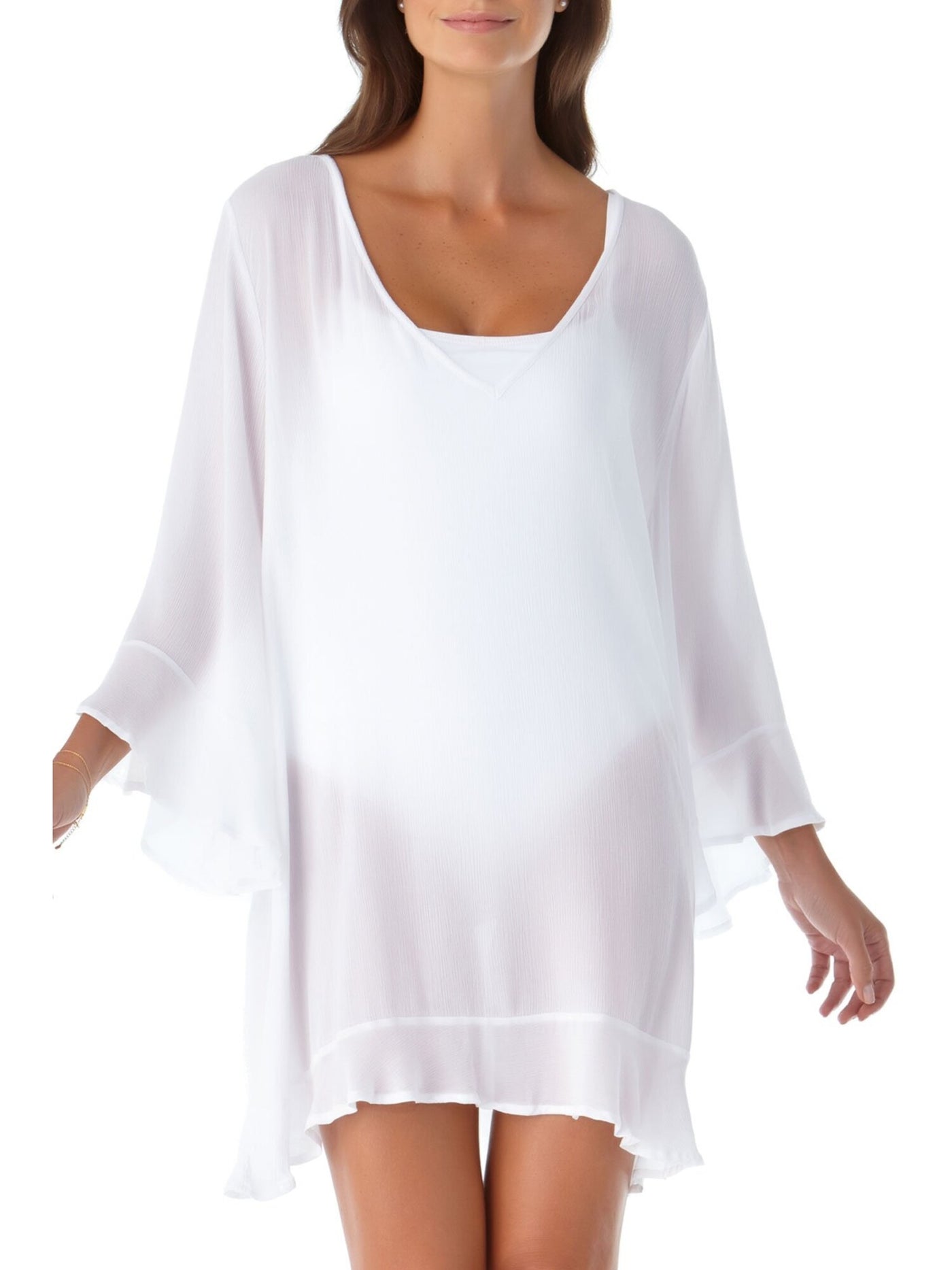 ANNE COLE Women's White Flounce Tunic Deep V Neck Swimsuit Cover Up M