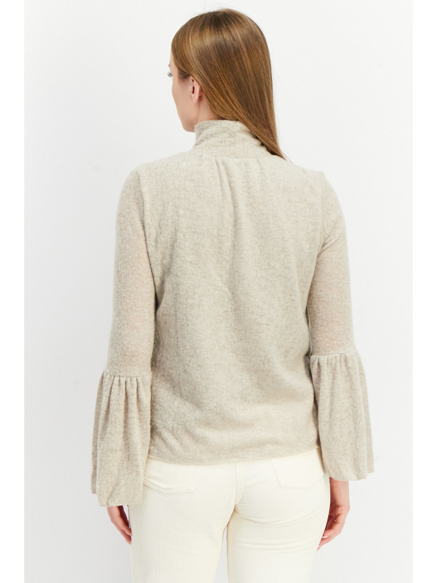 AMADI Womens Beige Pleated Textured Curved Hem Bell Sleeve Turtle Neck Sweater M