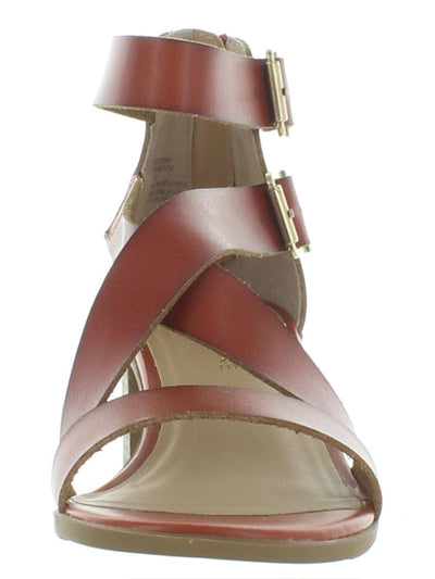 SUN STONE Womens Brown Slip-Resistant Strappy Ankle-Strap Buckle Accent Cushioned Quinn Round Toe Block Heel Zip-Up Dress Sandals Shoes 7.5 M
