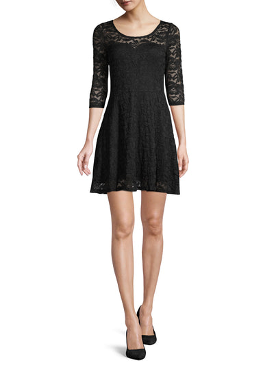 MATERIAL GIRL Womens Black Lace 3/4 Sleeve Jewel Neck Mini Party Fit + Flare Dress XXS