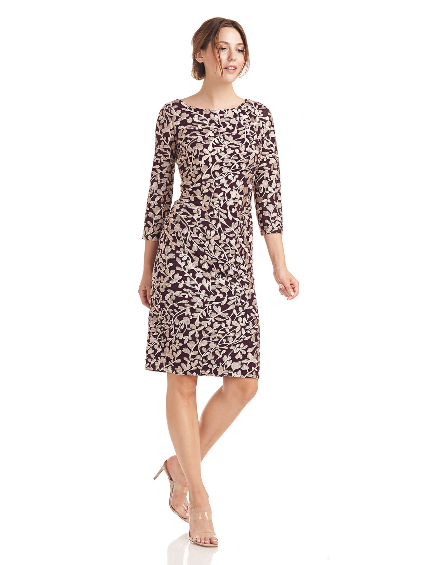 JS COLLECTIONS Womens Maroon Mesh Embroidered Zippered Lined Fitted Slitted 3/4 Sleeve Boat Neck Knee Length Sheath Dress 6