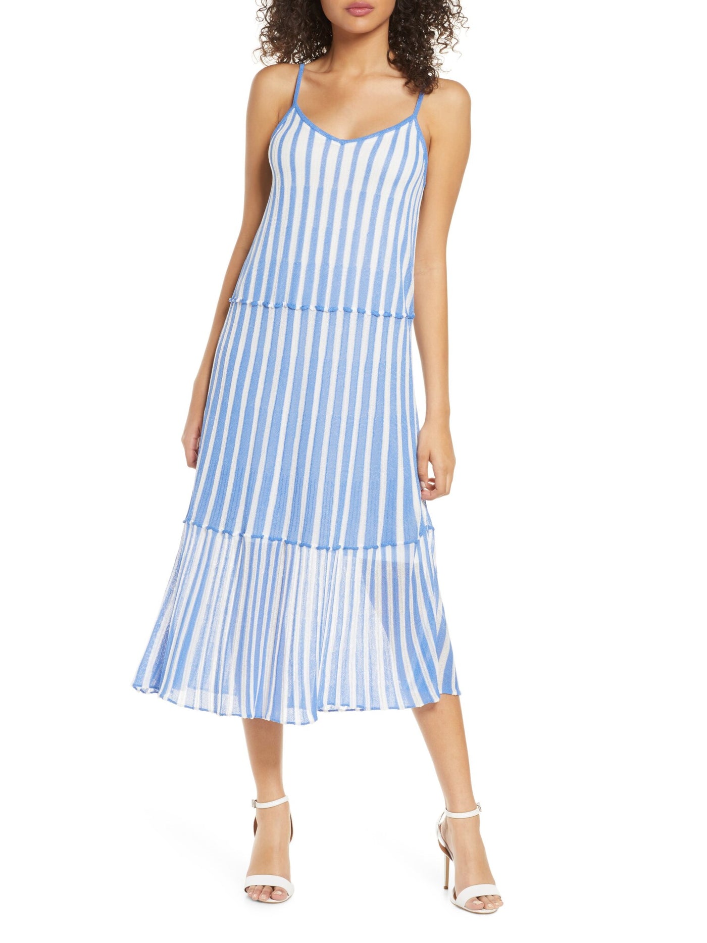 FOXIEDOX Womens Blue Stretch Textured Semi Sheer Tiered Lined Striped Spaghetti Strap V Neck Midi Shift Dress XS