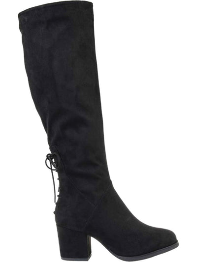 JOURNEE COLLECTION Womens Black Lace-Up Detailing Stretch Gore Bow Accent Extra Wide Calf Leeda Almond Toe Block Heel Zip-Up Heeled Boots 7.5 XWC