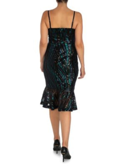 GUESS Womens Green Sequined Zippered Adjustable Straps Sleeveless V Neck Below The Knee Cocktail Mermaid Dress 12