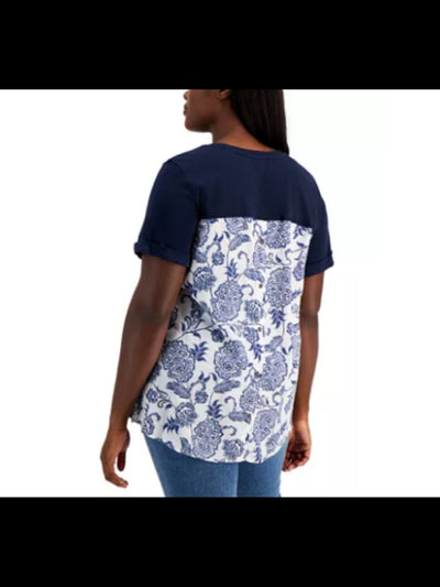 TOMMY HILFIGER Womens Navy Stretch Printed V Neck Hi-Lo Top XS