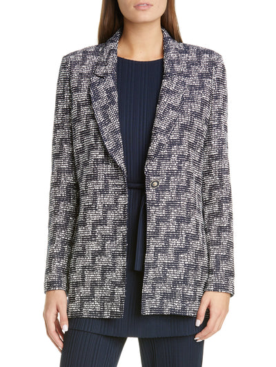 ST JOHN Womens Navy Textured One Button Closure Shoulder Pads Wear To Work Blazer Jacket 8