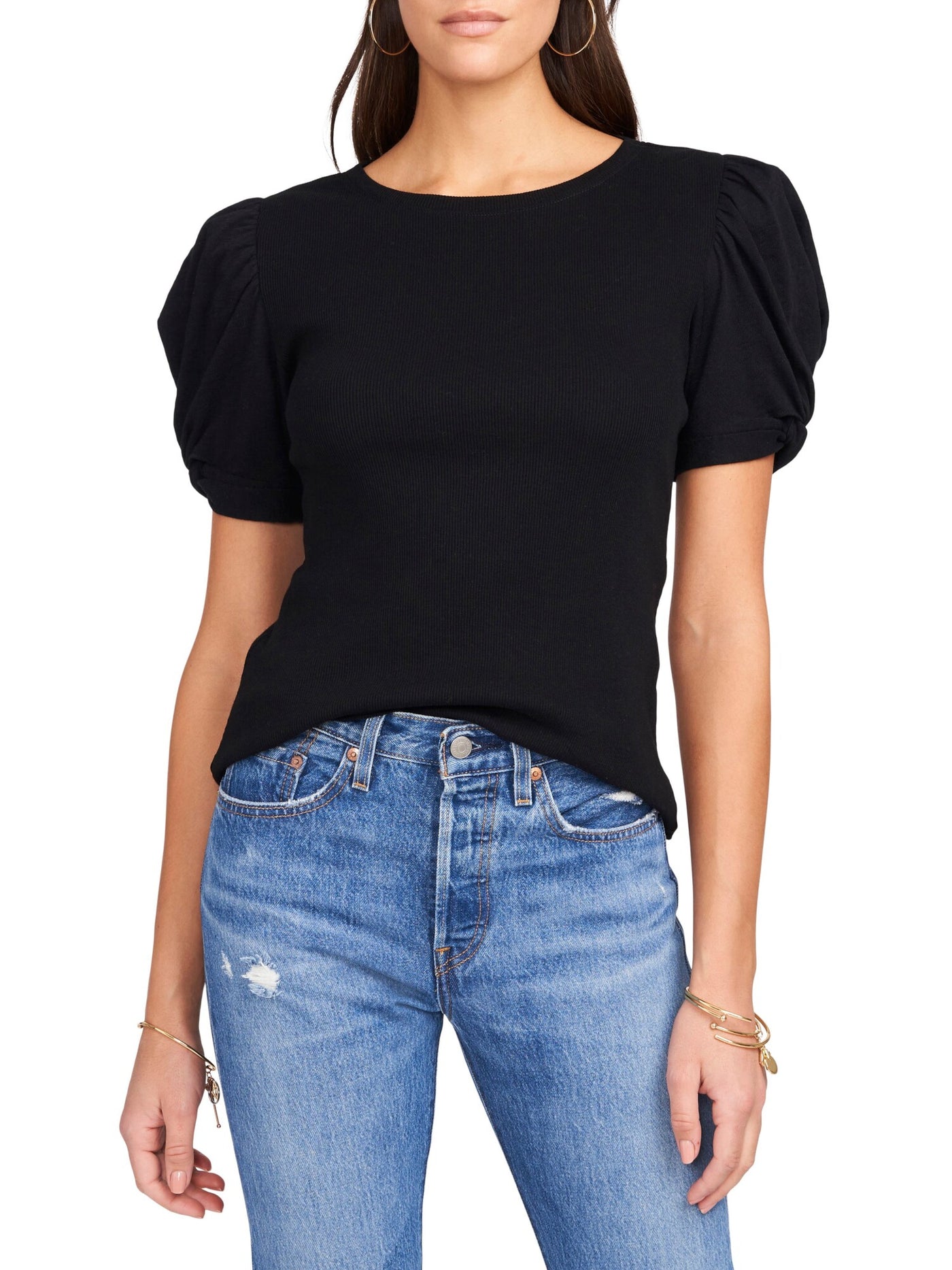 DOLAN Womens Black Textured Ribbed Neckline Short Sleeve T-Shirt S