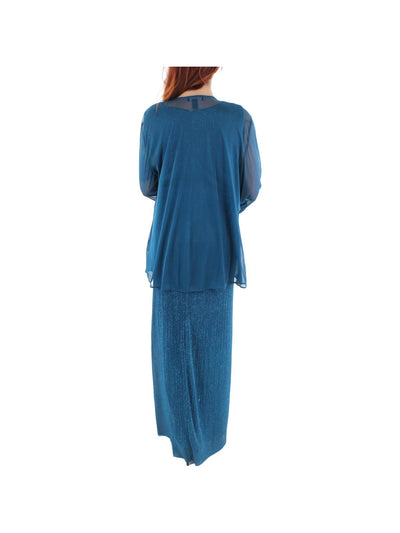 R&M RICHARDS Womens Teal Glitter Contrast Trim Sheer Waterfall St Long Sleeve Open Front Evening Cardigan 18
