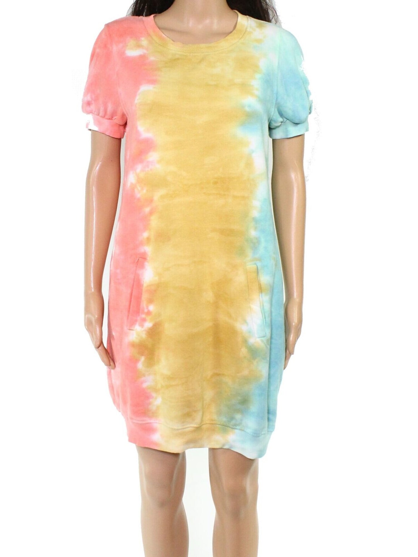 ULTRA FLIRT Womens Gold Jersey Ribbed Pocketed Tie Dye Pouf Sleeve Crew Neck Mini Sweatshirt Dress M