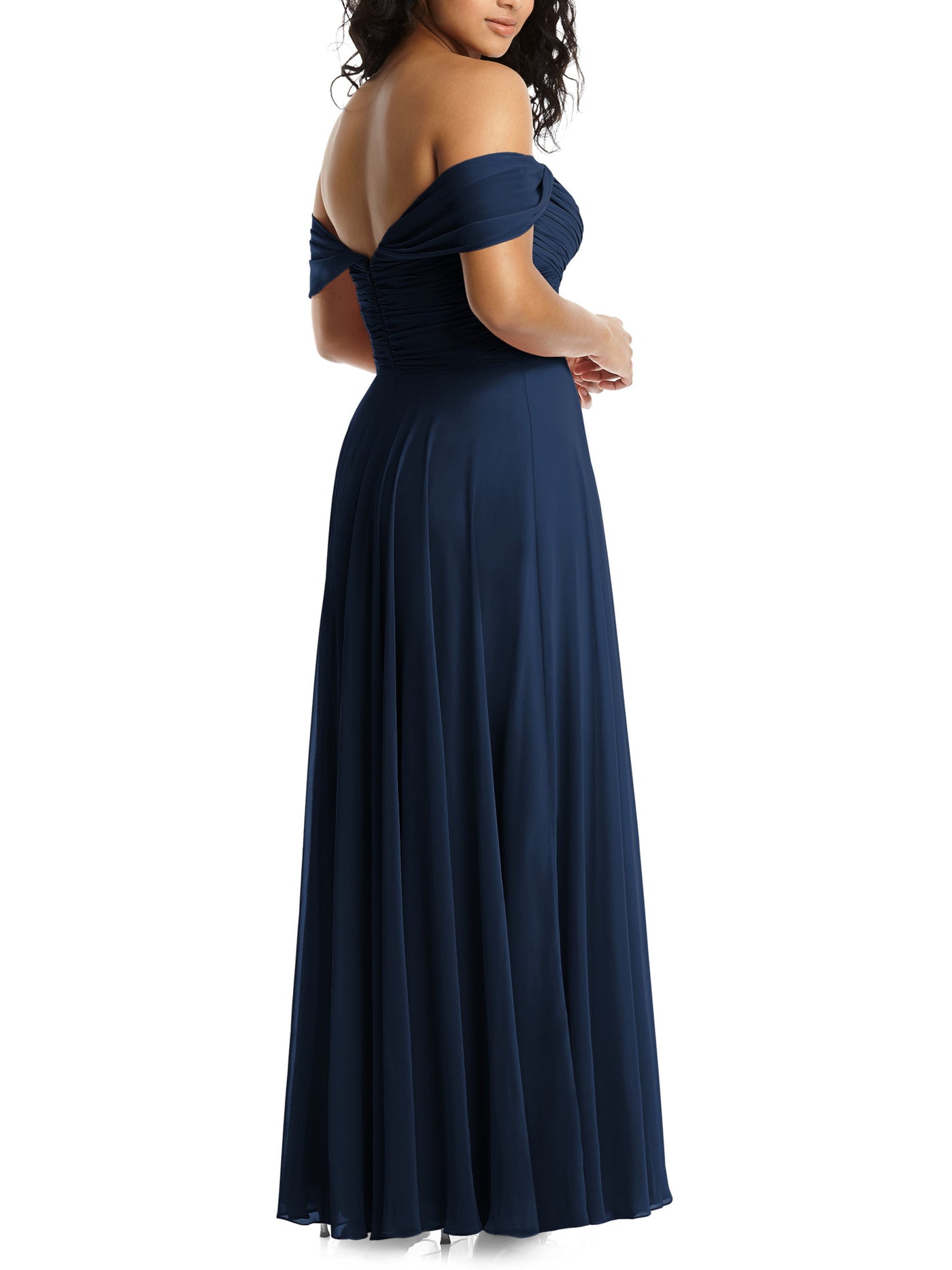 DESSY COLLECTION Womens Navy Zippered Sheer Draped Crossover Bodice Short Sleeve Off Shoulder Full-Length Evening Gown Dress 8