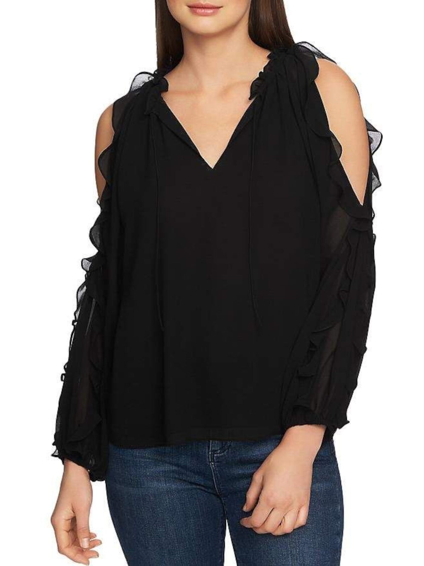 1. STATE Womens Black Cold Shoulder Ruffled Long Sleeve V Neck Blouse XS