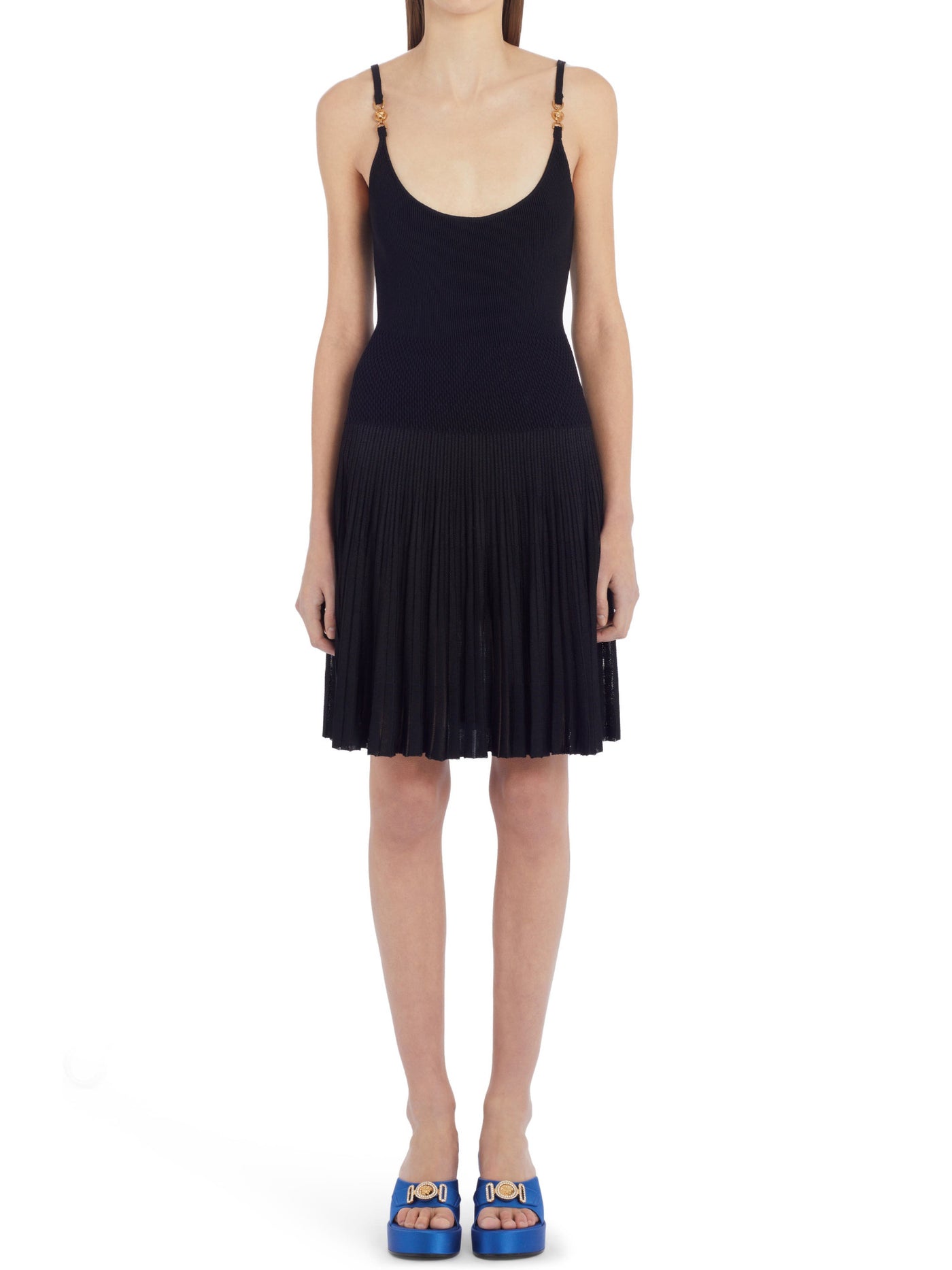 VERSACE Womens Black Embellished Ribbed Sleeveless Scoop Neck Above The Knee Sheath Dress 40