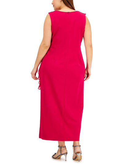 CONNECTED APPAREL Womens Pink Stretch Ruffled Zippered Slitted Sheer Lined Bodice Sleeveless V Neck Maxi Fit + Flare Dress Plus 24W