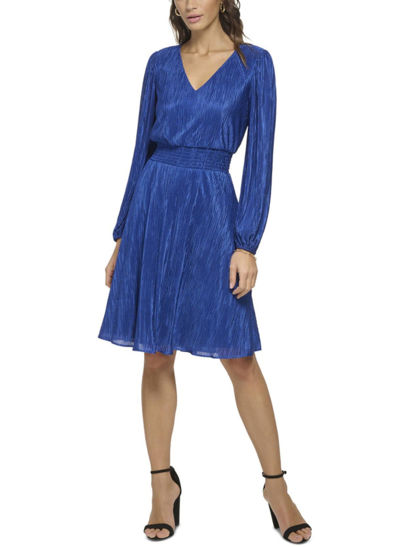 KENSIE DRESSES Womens Blue Pleated Lined Smocked Waist Long Sleeve V Neck Above The Knee Party Fit + Flare Dress 2