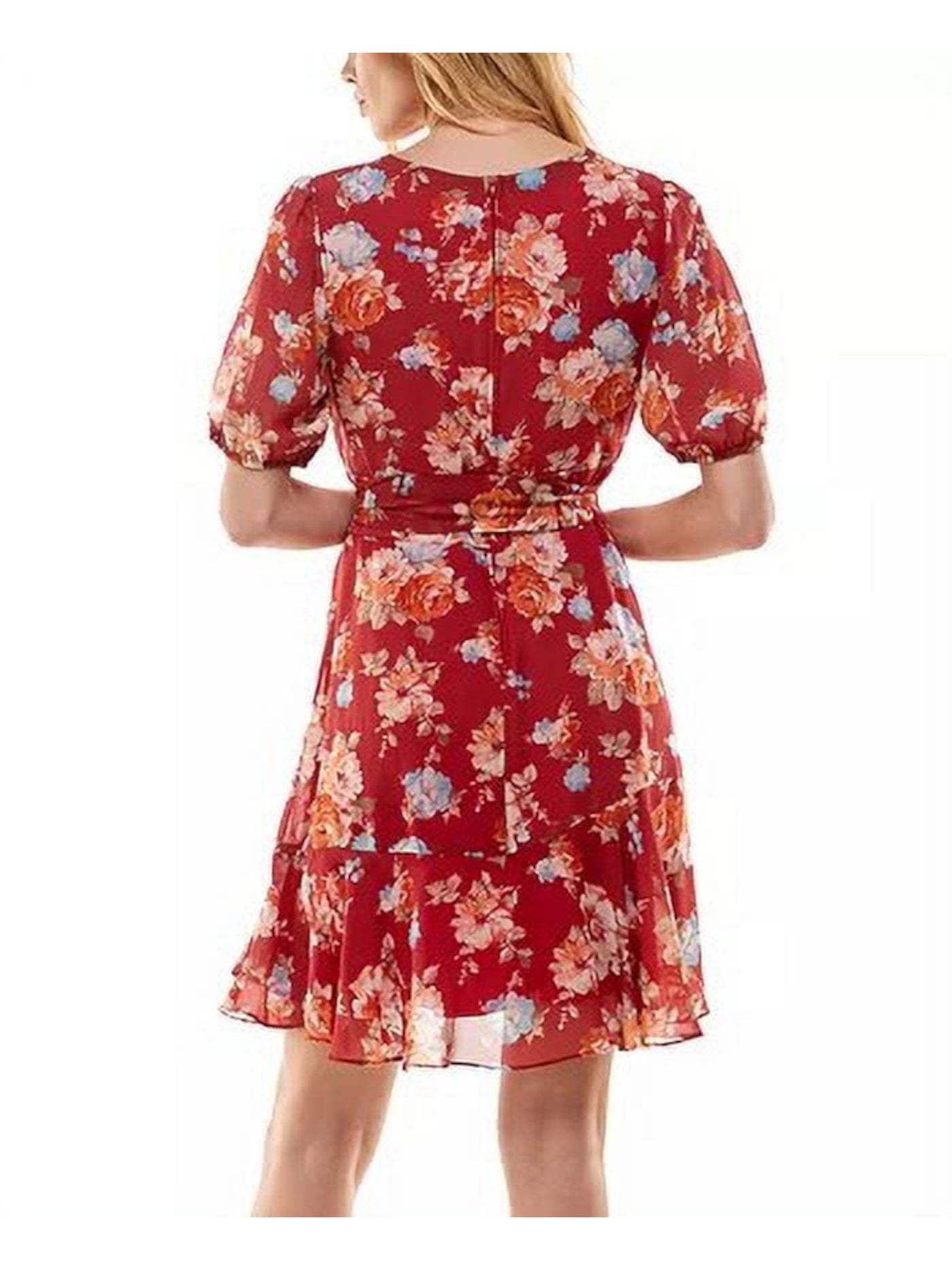 B DARLIN Womens Red Zippered Sheer Lined Tie Belt Pleated Ruffled Floral Short Sleeve Crew Neck Short Fit + Flare Dress 5\6