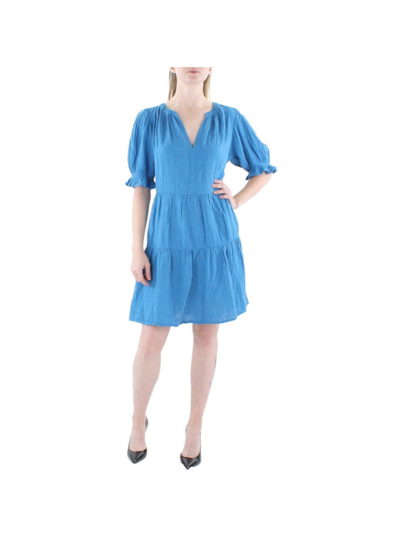 VELVET BY GRAHAM & SPENCER Womens Blue Textured Ruffled Cuffs Tiered Pullover Short Sleeve V Neck Above The Knee Shift Dress M